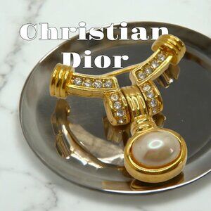 Vintage CHRISTIAN DIOR Hinged Pearl Dangle Brooch Drop Gold Tone 1970s Blouse